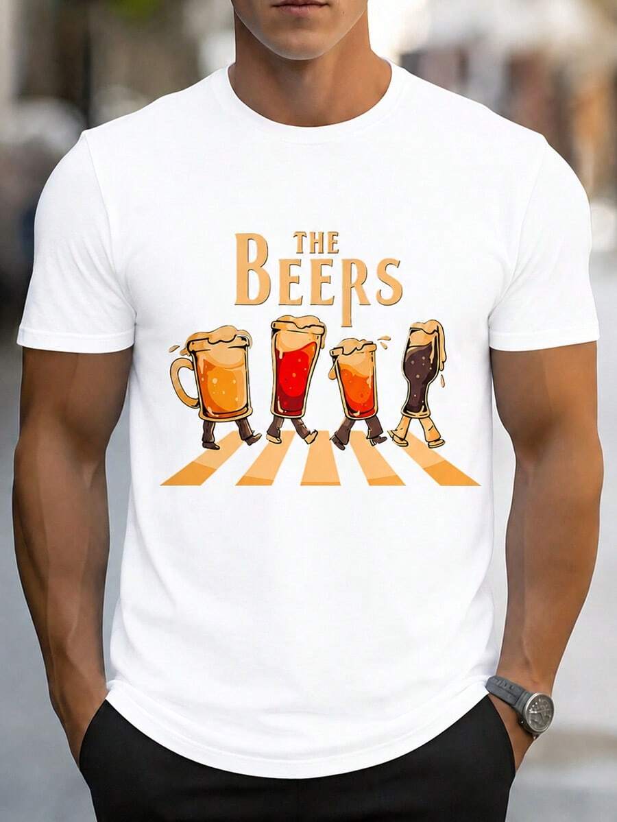 Playera/Camiseta 100% algodón Camiseta Negra The Beers Graciosa Estilo Abbey Road para Amantes de la Cerveza Mexicana Casual Manga Corta Perfecta para Regalo Original y Divertido Ideal para Fiestas y Reuniones Beer Lovers Diseño Exclusivo - Blanco - Ver 1