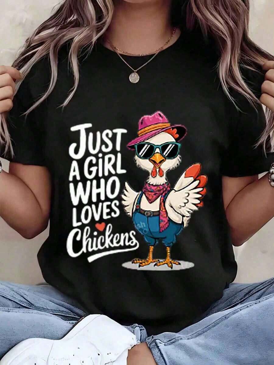 Women's T-Shirt With Chicken Print, Hat And Sunglasses, Round Neck, Loose Fit, Casual Style For Everyday Wear, Gift Idea, 220g, Oversized Blouse - 黑色 - 查看 1