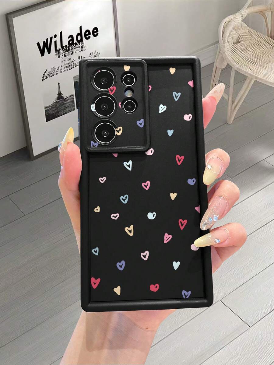 1pc Fashionable Pure Android TPU Material Colorful Heart Pattern Lens Protection Thick Anti-Fall Anti-Fingerprint Black Sandblasted Phone Case Compatible With IPhone/Transsion/HONOR/ - Black - View 1