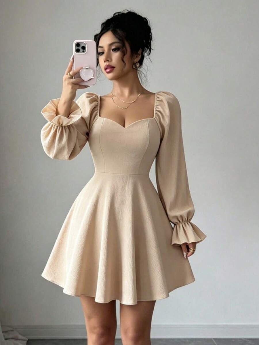 Women's Elegant Strapless Fitted Pleated Midi Dress - 杏色 - 查看 1