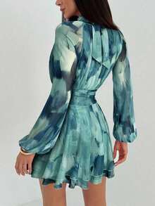 MEXAloruh Vestido de manga larga ajustado con silueta de paraguas para mujer, nuevo para otoño/invierno, para uso casual/citas/salidas/maestras, vestido romántico con estampado de teñido anudado en púrpura y cuello alto con lazo en la cinturaMEX EIDX - Azul - Ver 2