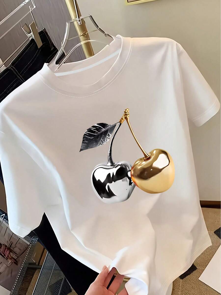 Women's Short-Sleeved T-Shirt With Cherry Print, Casual Top, Stylish And Versatile For Everyday Wear. | Comfortable And Soft Fabric | These Women's T-Shirts Are A Versatile Wardrobe Staple For Spring And Summer. - 白色4 - 查看 1