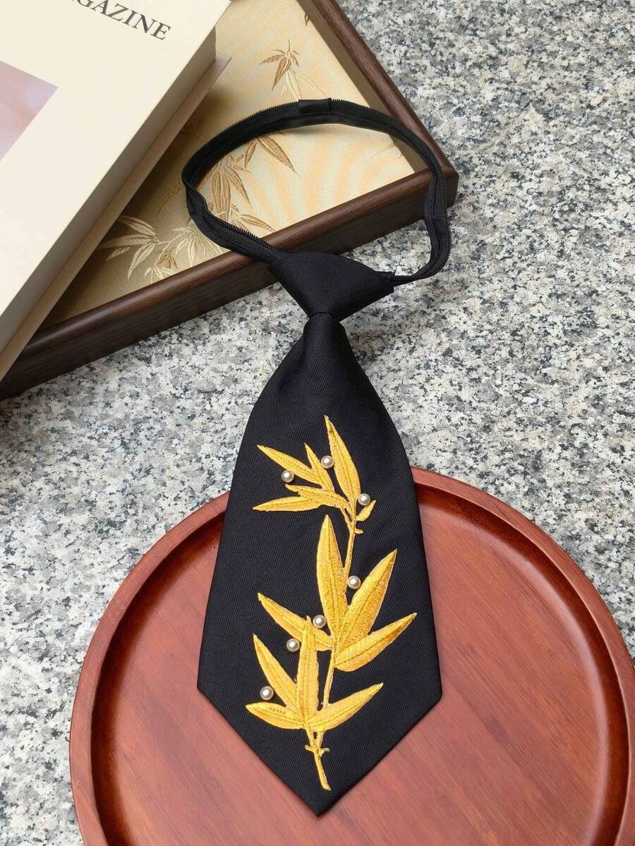 1条男女通用黑色竹叶刺绣领带，拉链设计，珍珠装饰，新款中国风/学院风百搭配饰 - 黑色 - 查看 1
