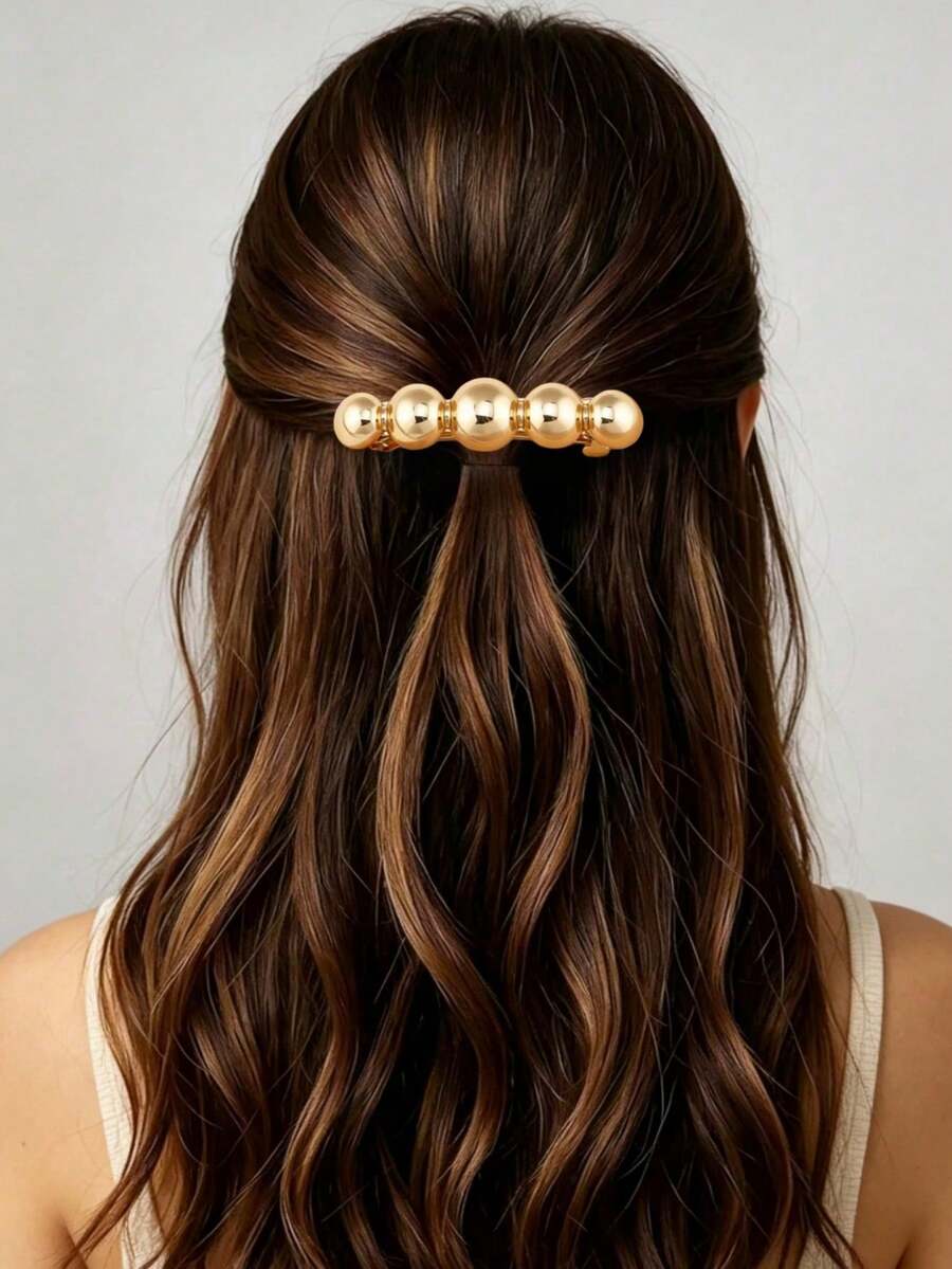 1/2pcs Minimalist Metal Beaded Hair Clips, Gold Silver Tone Spring Barrette For Women,Claw Clips - Multicolor - View 1