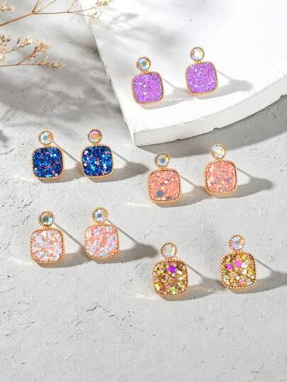 1 par de pendientes cuadrados con decoración de lentejuelas multicolor brillantes, joyería para que las mujeres usen en fiestas, citas y salidas nocturnas