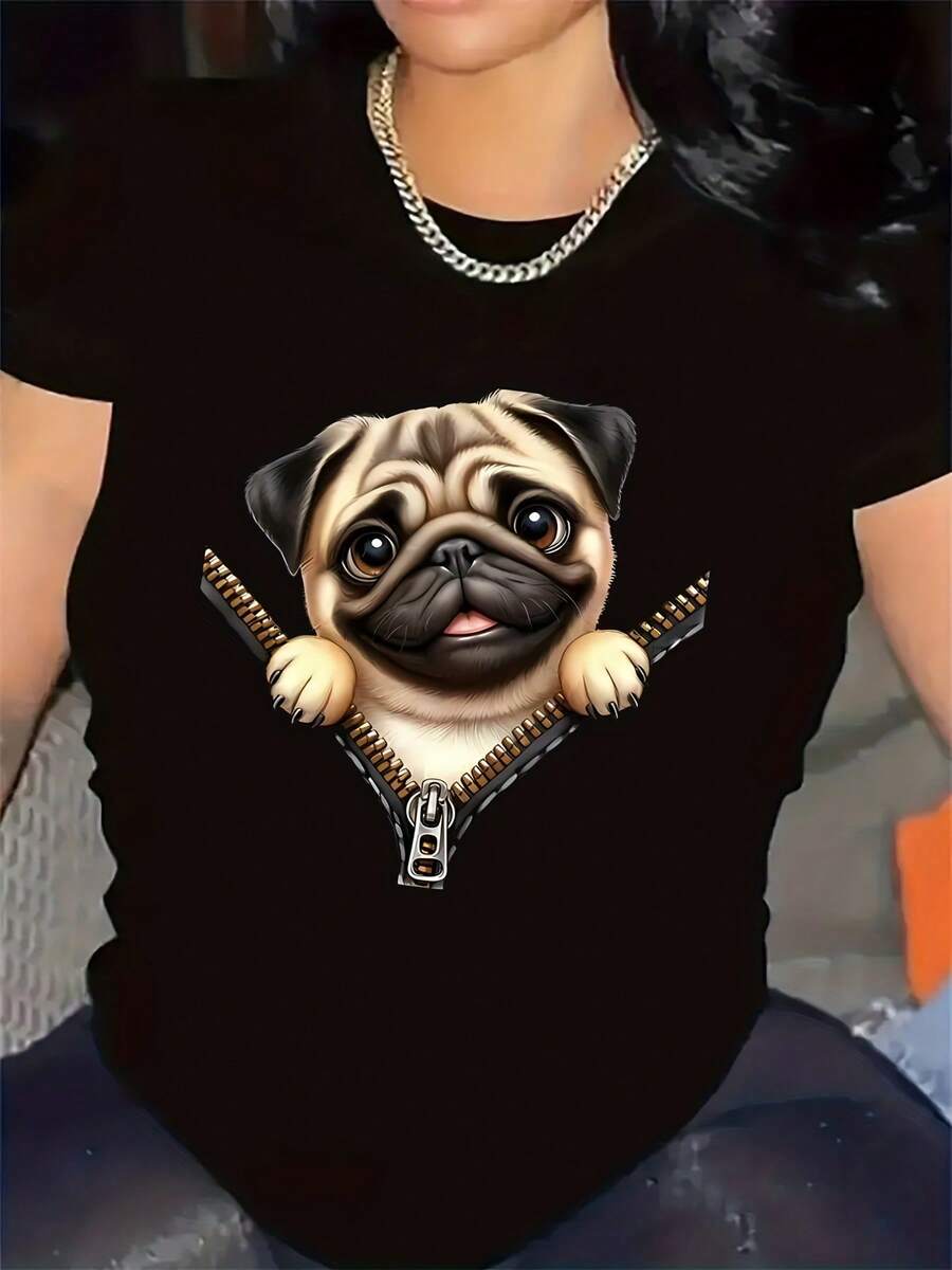 Women's Oversized Extra Large Cute Pug Design T-Shirt, Casual Summer Short Sleeve With Zipper Closure, High Elasticity, Round Neck, Lightweight And Breathable Clothing - 黑色 - 查看 1