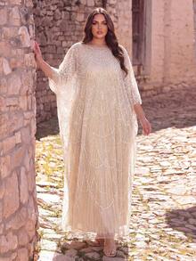 Voworia Plus Size Women's Kaftan Dress - Elegant Abaya Robe, Flowing Long Style, Luxury Vacations And Formal Occasions Party Wedding - Champagne - View 2