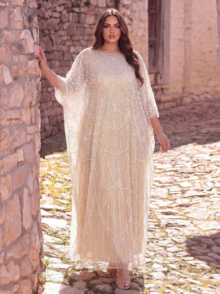 Faeriesty 大尺碼女款卡夫坦洋裝,優雅 Abaya 長袍,銀色亮片刺繡,飄逸長版,寬鬆喇叭袖,適合秋季婚禮派對 - 香檳色 - 查看 1