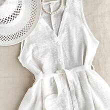 MewMuse.  Vestido mini de mujer con cuello en V sin mangas, cintura con lazo y dobladillo con volantes, adecuado para primavera, verano, otoño e invierno, apropiado para citas, casual elegante, ir al trabajo, vestido de resort para mujer, atuendo de oficina, versátil, de moda, uso casual diario, elegante para playa/ - Albaricoque - Ver 6