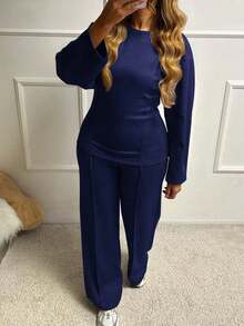 Christmas Women's Waist-Cinched Mid-Length Sweatshirt And Pants Slimming Grey Set - Navy - View 2