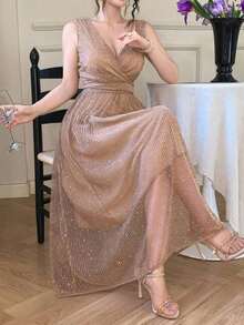 Vestido largo y elegante, minimalista y casual, con cuello en V, sin mangas, cintura marcada y totalmente lentejuelado, para mujer - Naranja Quemada - Ver 6