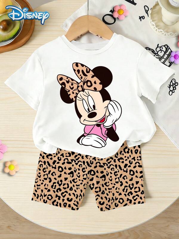 Conjunto de camiseta para niñas, ropa de verano para bebés niñas, estilo Disney dulce, fresco y picante, cuello redondo, estampado de leopardo, lazo, camiseta de manga corta con gráfico de Minnie Mouse + pantalones cortos a juego, atuendo casual para uso diario, salidas, vacaciones y fiestas, adecuado para niñas menores de 3 años