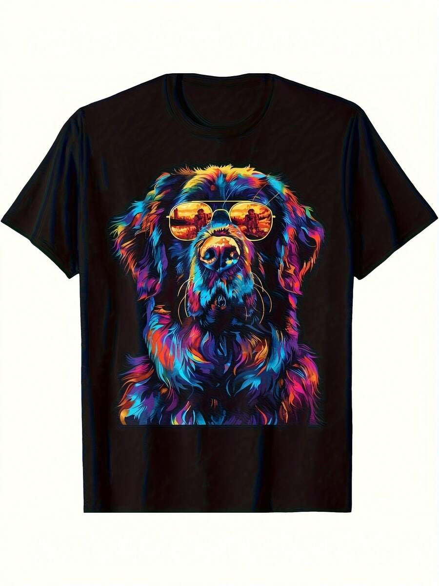 Pop Art T-Shirt With Newfoundland Dog Design - 100% Cotton, Crew Neck, Short Sleeve, With A Design For Newfoundland Dog Lovers, A Casual Gift For Newfoundland Dog Owners (Christmas, Easter, Birthday). - 黑色 - 查看 1