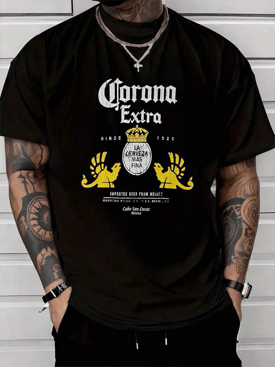 Corona Extra con corona dorada y dos figuras de león aladas que representan fuerza tradición y origen mexicano acompañado de textos que evocan la mejor cerveza y espíritu de Cabo San Lucas camiseta de hombre 220g 100% algodón - Negro - Ver 1