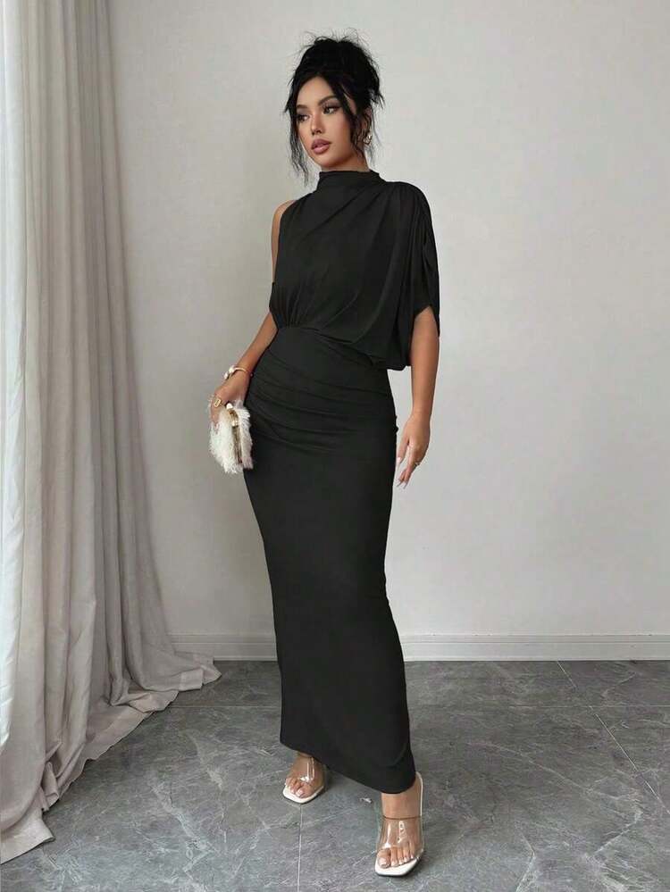 Vestido ajustado y acampanado sin mangas con cuello fruncido en color borgoña, para primavera/verano - Negro - Añade 8
