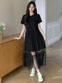 Vestido midi de verano de cuello redondo con manga corta y contraste de malla para mujeres - Negro - Ver 7
