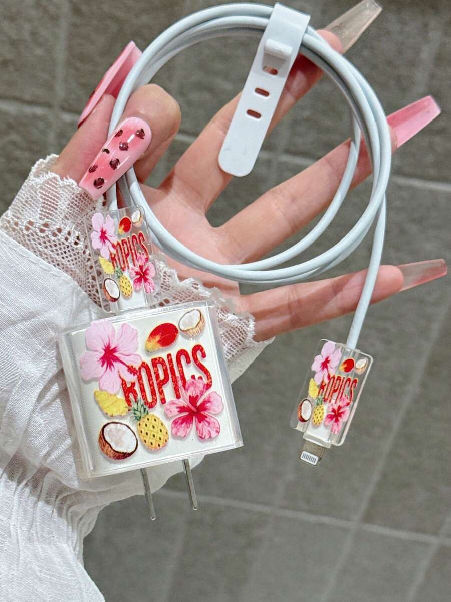 Tropical Fruit & Floral Pattern Data Cable Charger Protective Case, Data Cable Organizer, High Quality, Suitable For IPhone 17 16 15 14 13 12 11, 20W Charger Adapter - Multicolor - View 1