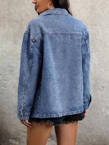 Plus Size Women Plus Size Drop Shoulder Loose Denim Jacket Casual - Blue - View 6