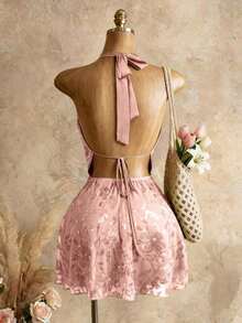 Vestido mini con lentejuelas y espalda descubierta para vacaciones en la playa - Rosa - Ver 2