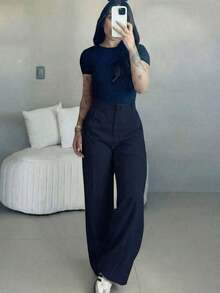 Pantalones anchos de cintura alta y ajuste ceñido en color café, estilo callejero bohemio, adecuados para uso casual, ir al trabajo y vacaciones en primavera/verano - Azul marino - Ver 8