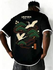 Zrgoth 男士夏季經典 2 合 1 圓領短袖抽繩 T-Shirt，休閒時尚鶴圖案極簡百搭款 - 黑色 - 查看 2