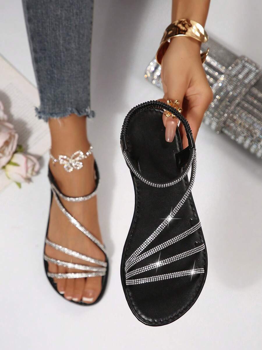Summer New Round Toe Thin Strap Glass Rhinestone Slip-On Sandals, Casual Fashion Women's Flat Beach Vacation Party