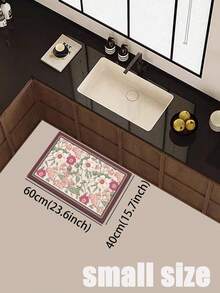 1pc Soft Rubber Water-Absorbing Kitchen Mat, 3.5mm Thick Absorbent Rug For Large Or Small Area, Vintage French Floral Design Silicone Rug With Retro Handpainted Flowers On Beige Background, Accented By Burgundy Geometric Borders, White And Pink Blooms With Green Leaves, Delicate And Pastoral For Room Decor - Multicolor - View 15