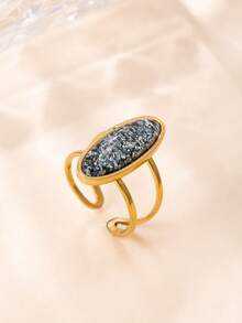 1pc 18K Gold Plated Stainless Steel Vintage Oval Cat Eye Stone Ring, Minimalist Elegant Finger Ring, High-Quality Fashion Accessory Suitable For Women's Daily Wear And Parties - Multicolor - View 9