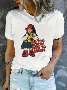 Camisetas de Mujer LZ24120213 con Diseño de Cantante de Dibujos Animados, Perfectas para Primavera y Verano con Mangas Cortas. Esta camiseta deportiva informal es ideal para el uso diario, con un diseño moderno que presenta letras y flores en relieve, lo que la convierte en una opción muy popular en . - Blanco - Ver 1
