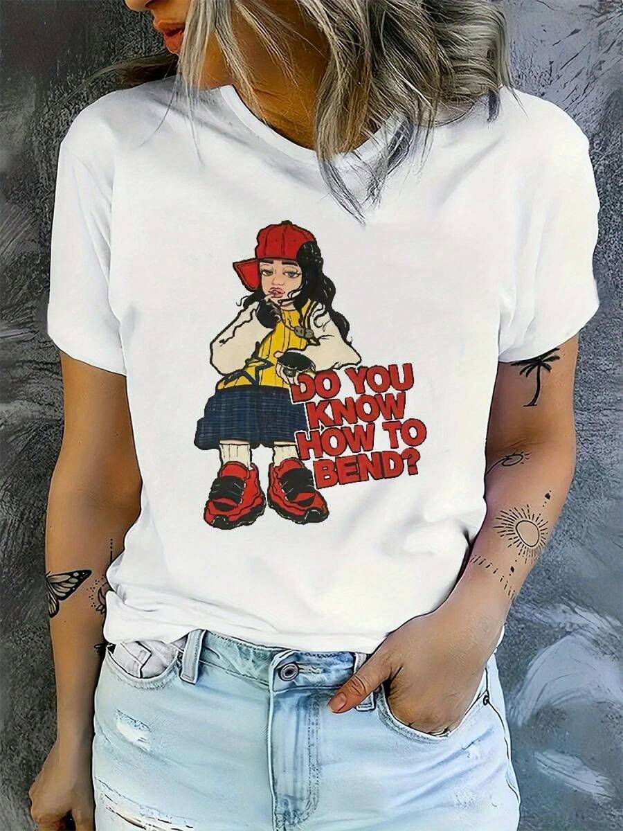 Camisetas de Mujer LZ24120213 con Diseño de Cantante de Dibujos Animados, Perfectas para Primavera y Verano con Mangas Cortas. Esta camiseta deportiva informal es ideal para el uso diario, con un diseño moderno que presenta letras y flores en relieve, lo que la convierte en una opción muy popular en . - Blanco - Ver 1