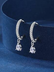 1 Pair S925 Sterling Silver Geometric Water Drop Pendant Earrings, Inlaid With Shiny Synthetic Zirconia, Hypoallergenic, Minimalist Elegant Niche Delicate Earrings With Chic Vibe, Suitable For Women's Daily Wear Or Holiday Gifts - Water Drop - View 3