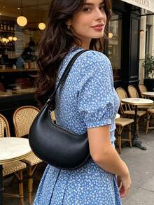Bolso de hombro de unicolor, bolso pequeño de cuero PU, bolso de mano minimalista casual y versátil, bolso baguette con cremallera de gran capacidad, adecuado para compras, monedero, citas, - Negro - Ver 5