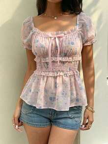 Blusa de mujer de gasa con estampado floral diminuto, con lazo en la cintura, decoración de moño, cuello cuadrado, mangas abullonadas, casual, para vacaciones, uso diario, fiesta, primavera/verano - Rosa Pálido - Ver 7