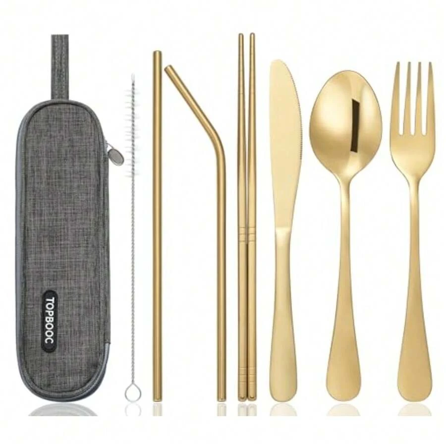 Purple - Portable Stainless Steel Flatware Set, Travel Camping Cutlery Set, Portable Utensil Travel Silverware Dinnerware Set with a Waterproof Case Purple - Aire - Ver 1