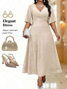 Fleurora Vestido largo de manga larga con cuello solapa cruzado, volantes y abertura, elegante para fiestas, bodas, San Valentín, cócteles, conciertos y festivales de música, talla grande, para primavera, verano y otoño - Albaricoque - Ver 4