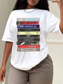 90s R&B Ribbon Print T-Shirt, Women's Fall Clothing, Crew Neck T-Shirt, Women's T-Shirt, Women's Sweatshirt, Short Sleeve Top. Everyday Wear For Men And Women, Women's Tops, Women's Vacation Wear. - 白色 - 查看 6