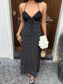 Women's Navy Blue Polka Dot Maxi Dress, V-Neck Halter Backless Lace Trim, Fitted Waist, Elegant For Summer Holidays, Wedding Guest And Everyday Wear - 黑色 - 查看 4
