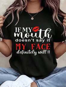 Women's T-Shirt With "If My Mouth Doesn't Say It, My Face Definitely Will" Print, Round Neck, Casual Style, Gift, 220g - Urban Vintage Style, Unisex, Loose Fit, Cotton, Short Sleeve, 100% Pure Cotton - 黑色 - 查看 6