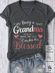 Women's Casual Summer T-Shirt, Cotton, Short Sleeve, With Letter And American Flag Print, V-Neck, Suitable For Casual Daily Wear - 灰色 - 查看 1