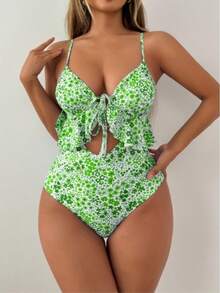 Traje de baño sexy de una pieza con estampado floral y volantes TK386 - verde hierba - Ver 10