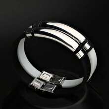 1 pièce Bracelet manchette élégant en acier inoxydable et silicone, lisse, convient pour le port quotidien des hommes - Noir et Blanc - Voir 7