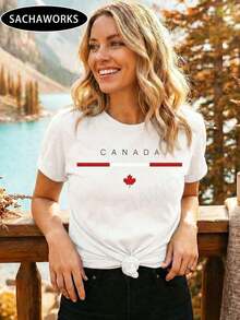 NewSummerCasualSachaWorks Women's T-Shirts With Canadian Maple Leaf Flag For July 1st, Patriotic Short Sleeve Blouse, Crew Neck T-Shirts For Canada Day 2026 - Vintage Urban Style, Unisex Loose Fit Cotton Short Sleeve Crew Neck T-Shirt - 白色 - 查看 1