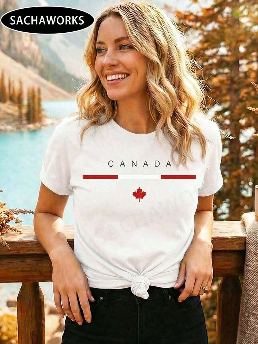 NewSummerCasualSachaWorks Women's T-Shirts With Canadian Maple Leaf Flag For July 1st, Patriotic Short Sleeve Blouse, Crew Neck T-Shirts For Canada Day 2026 - Vintage Urban Style, Unisex Loose Fit Cotton Short Sleeve Crew Neck T-Shirt - 白色 - 查看 1