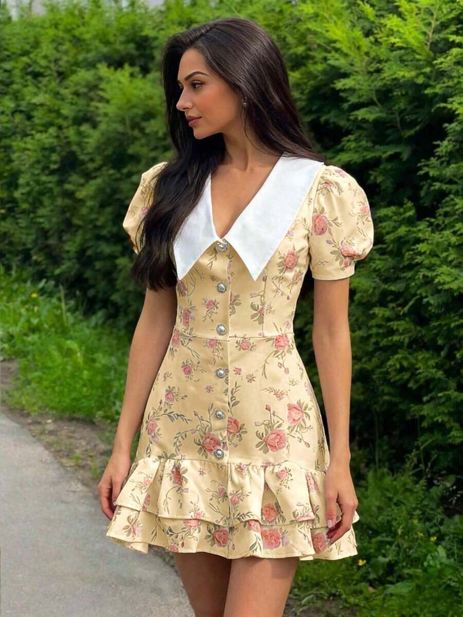Spring/Summer Casual Style Dress With Collar, Front Buttons, Tie Back And Tie-Dye Print, For Everyday Wear, Western Style, Bohemian, Music Festivals, Vacation, Fairycore Style, Elegant For Women - 橘色 - 查看 1