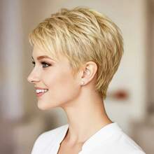 Women's Human Hair Short Wig, Brown With Gold, Style, Layered, With Bangs, No Glue No Front Band, Fully Machine Woven, Easy To Wear - Multicolor - View 10