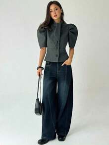 AYYAloruh Abrigo de mujer de manga corta abullonada, de un solo botonadura, con cuello de lazo, de moda, para otoño e invierno. Abrigo gris oscuro con hombros anchos y bufanda, de estilo corto, elegante para otoño e invierno para mujeres.AYY - Gris - Ver 3