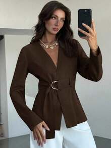 AYYAloruh Chaqueta de blazer elegante de unicolor con cintura ceñida para otoño/inviernoAYY - Marrón - Ver 5