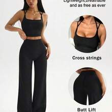 Nana's Women's Clothing Store Dewbera Conjunto de top corto de tirantes y leggings de cintura alta de unicolor para mujer, para uso diario, yoga y deporte - Gris Oscuro - Ver 2