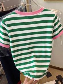 Classic Versatile Apricot & Brown Striped Elegant Summer Outfits For Women, Casual Women's Round Neck Short Sleeve T-Shirt Pink - Pink - View 2