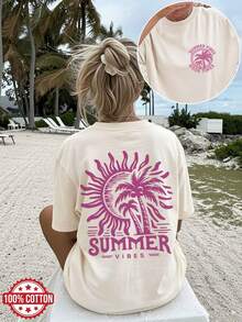 Sun And Palm Tree Print Vintage Style Casual Graphic Tee, Oversized Women's Crew Neck, Regular Fit Summer Top For Women - 杏色 - 查看 8